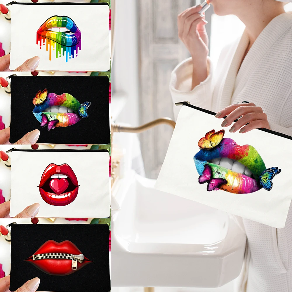 

Zipper Lips Rainbow Butterfly Print Fashion Women Cosmetic Bags Canvas Makeup Travel Pouch Lipstick Storage Bag Purses Xmas Gift