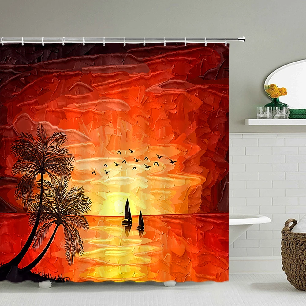 

Занавеска для душа с изображением деревенского пейзажа, 3d занавеска для ванной с крючками, ткань с рисунком маслом, водонепроницаемая Штора...