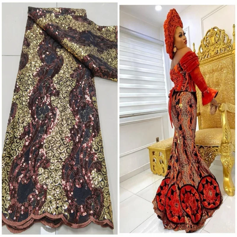 

Red/Gold African Sequins Lace Fabrics Luxury Lace French Mesh Tulle Lace Fabric Nigerian Net Lace Fabrics for Wedding Party