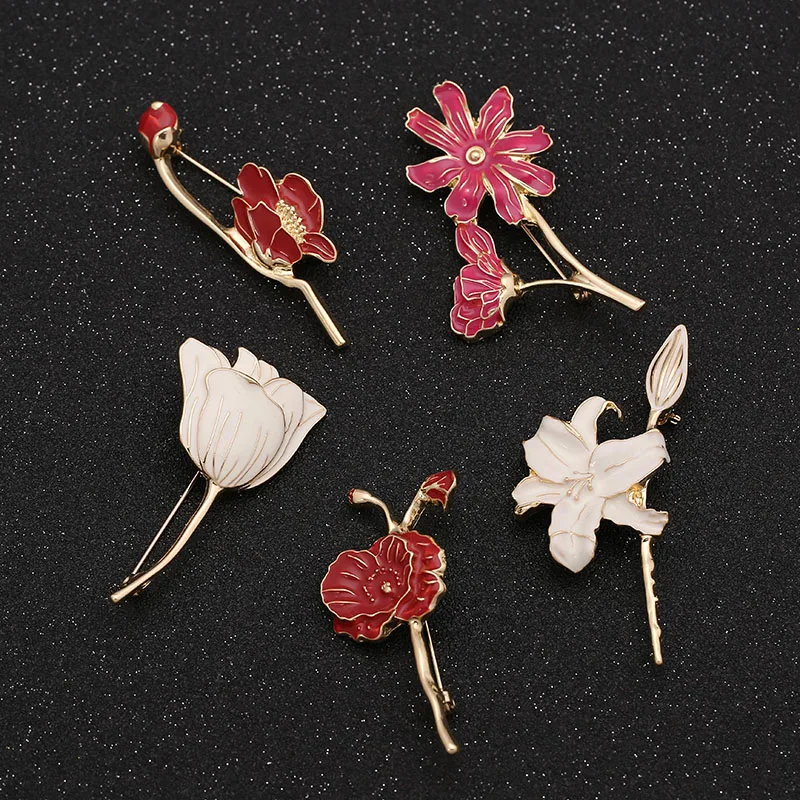 

New Enamel Oil Painting Style Plant Art RETRO Posju Mountain Camellia Lily Tulip Brooch Pin Female Accessories