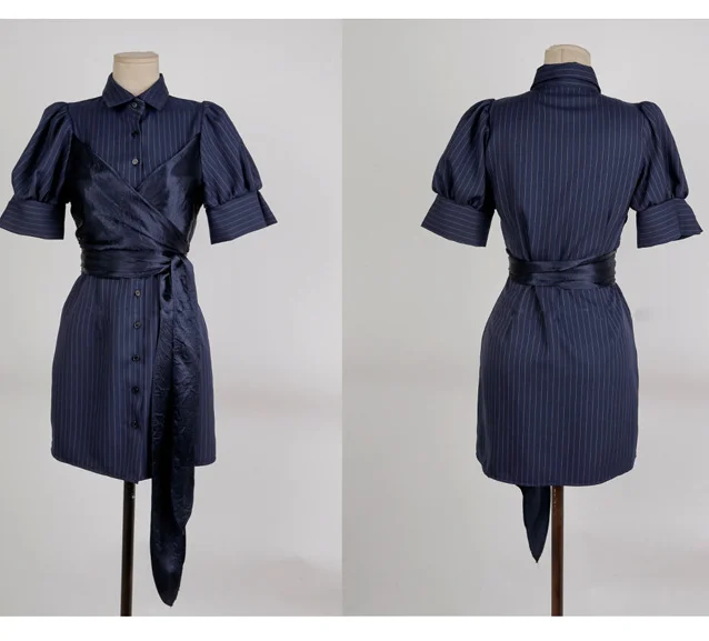 

FOLOBE 2021 New Shirt Dresses Women Puff Sleeve Turn-down Collar Sashes Criss Cross Single Breasted Mini Dresses Office Lady