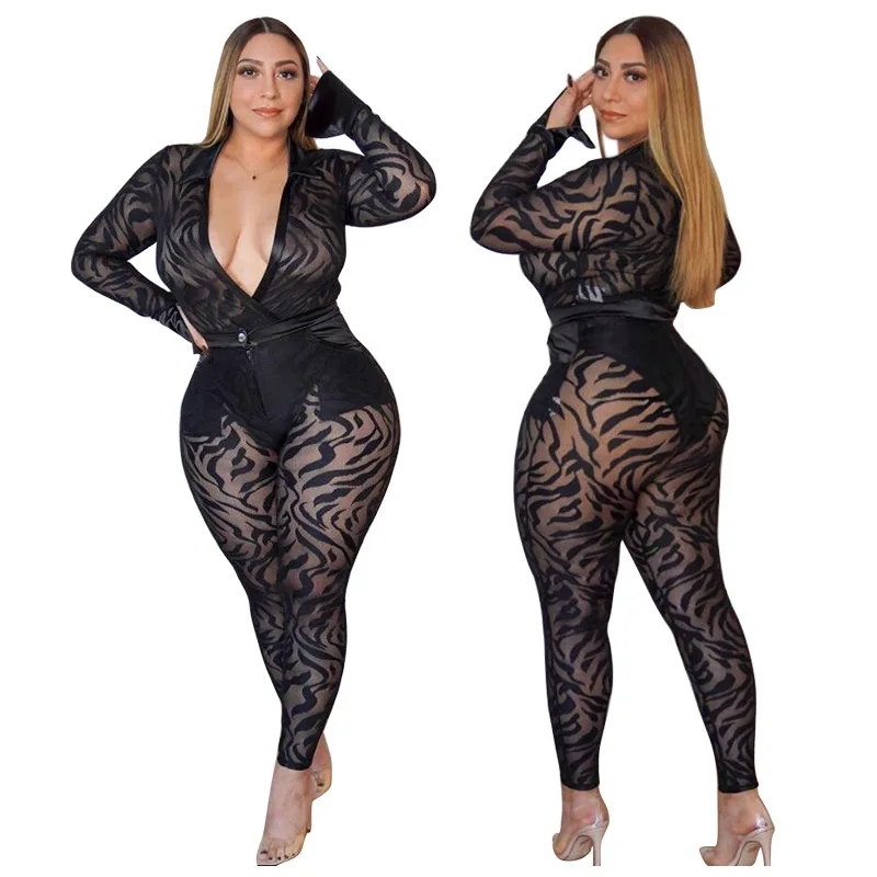 

See Through Women Sexy Mesh Party Nightclub Wear Plus Size L-4XL Long Sleeve Jumpsuits Elegance Streetwear