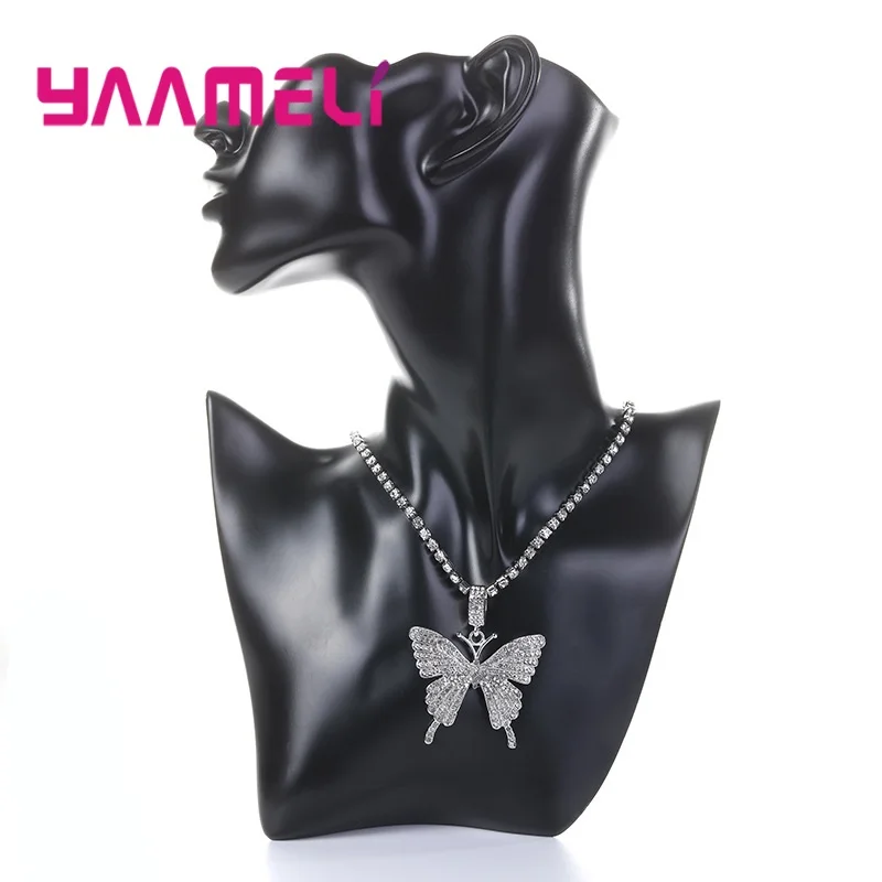 

New Punk Style Butterfly Necklace Hip Hop Rhinestone Butterfly 925 Sterling Silver Pendant Necklaces Choker For Women Jewelry