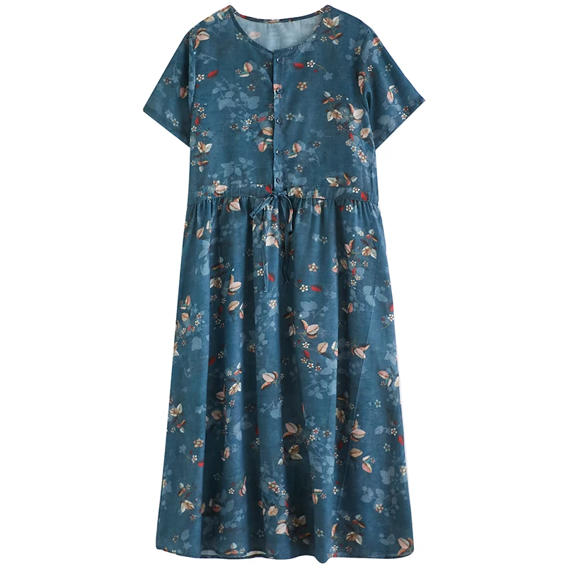 

Pastoral Style Summer Women Dress Printed Round Neck Long Vestidos Short Sleeve Fashion A-line Skirt Commuter Robe Femme Dresses