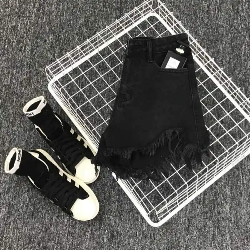 

2021 summer fashion irregular denim shorts women high waist tassel black wide leg jeans shorts