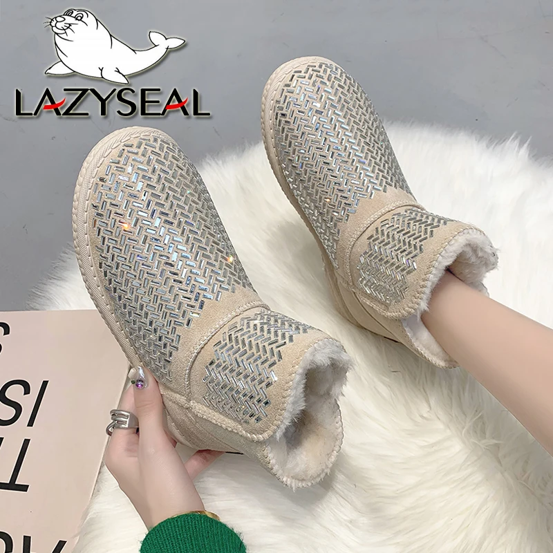 

LazySeal Luxury Crystals Winter Short Warm Snow Boots Women Cotton Cow Suede Plush Snow Booties Women's Waterproof Fur Shoes