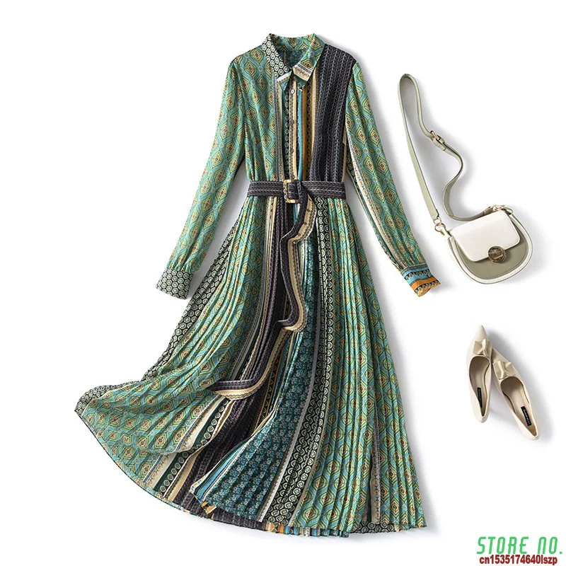 

2021 Spring New Ethnic Style Casual Female Plus Size Irregular Printed Green Dress Long Sleeve For Woman