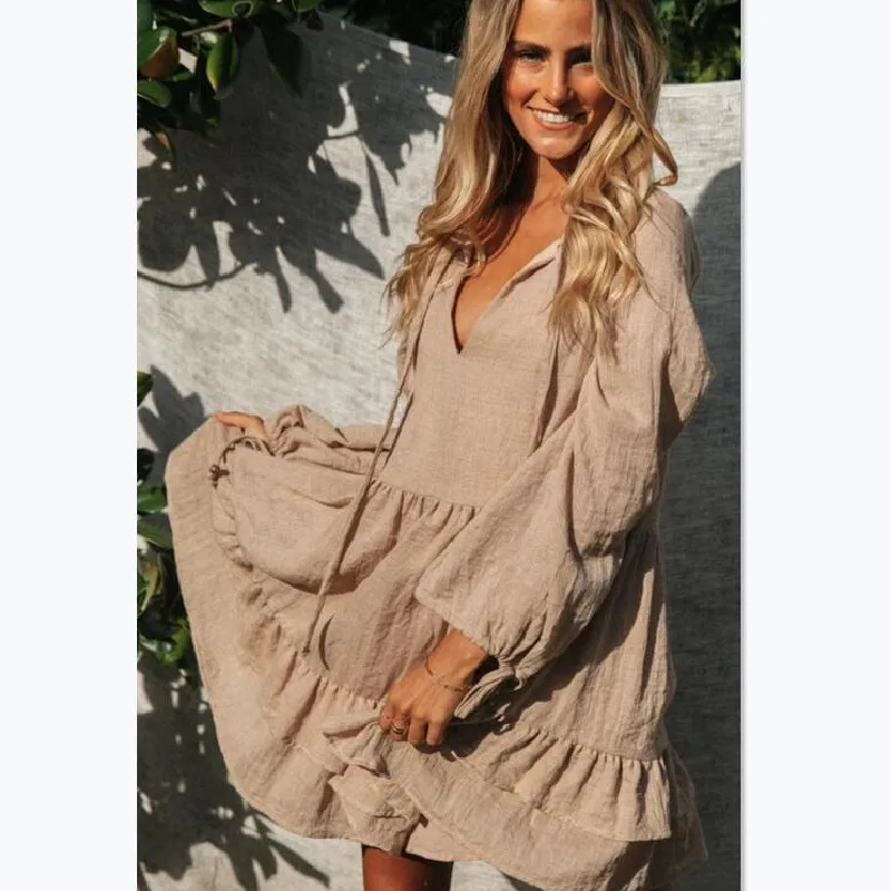 

New Fashion 2020 Women Loose Dress Autumn V-neck Lantern Sleeves Ruffles Midi Dress Women