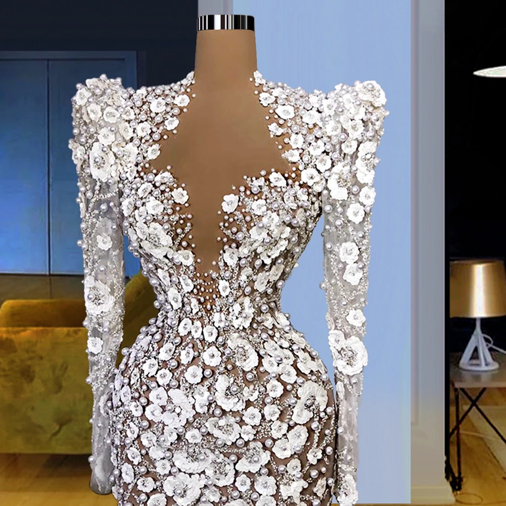 

Luxury Romantic Large Quantity Pearls Flowers Illusion Wedding Gowns for Bride High Quality FOW32922