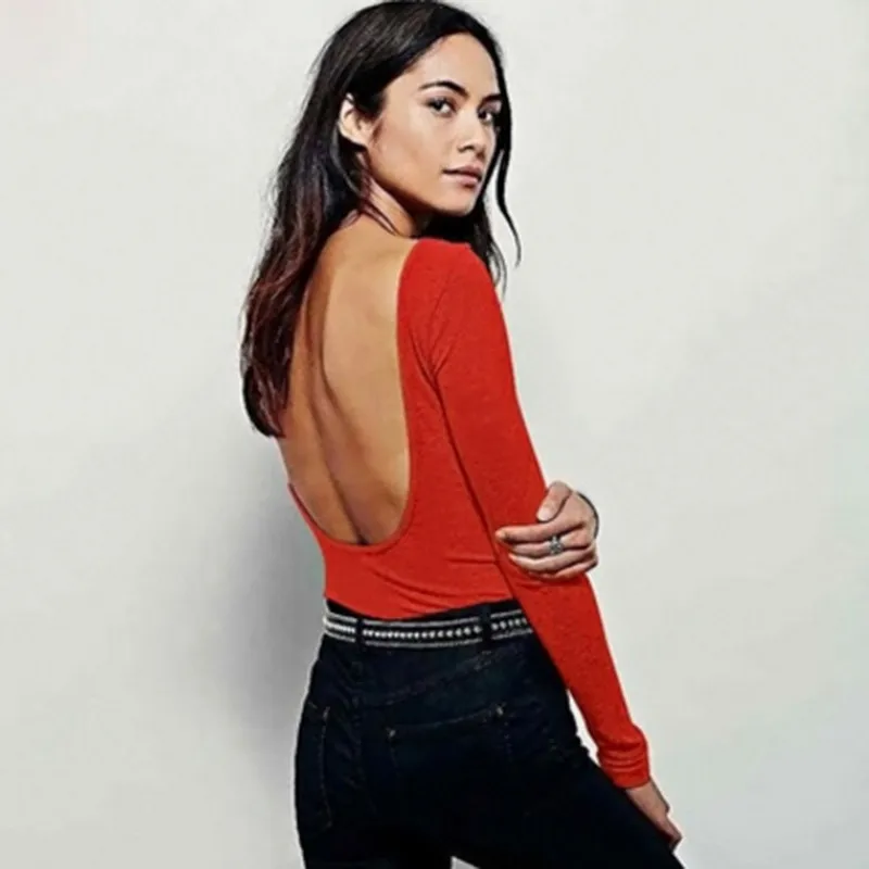 Женское боди с длинным рукавом и открытой спиной Осеннее однотонное облегающее