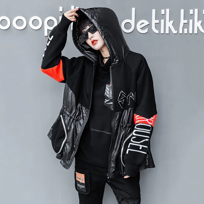 

Vefadisa Plus Size Knitted Patchwork Women Coat 2020 Autumn Winter Thick Letter Print Stitching Color Hooded Coat Black QYF4433