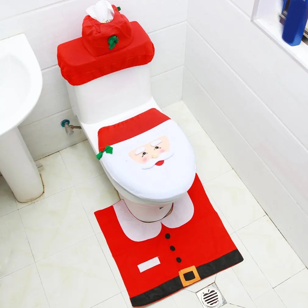 

1 Set Christmas Santa Claus Toilet Seat Cover Rug Home Decoration Christmas Toilet Lid Case Bathroom Mat Xmas Decorative Gifts