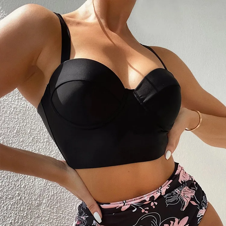 

2021 European and American new flower printing push up waist sexy thin steel bikini women's swimsuit split swimsuit