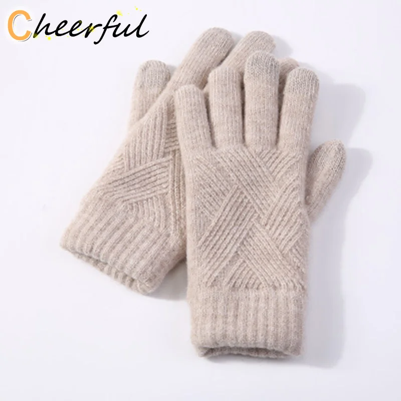 

Женские зимние теплые вязаные перчатки с пальцами, мужские однотонные Шерстяные варежки для сенсорных экранов, женские плотные теплые перч...