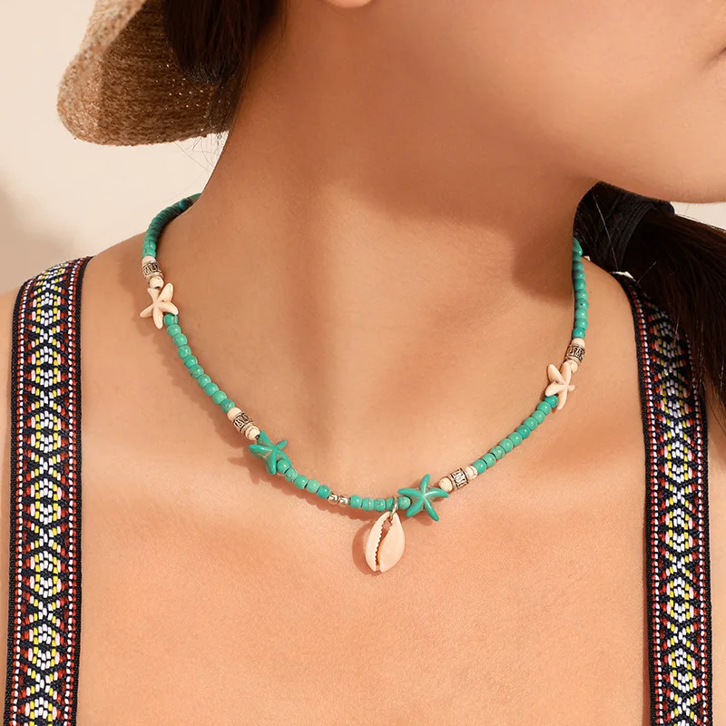 

Ожерелье в богемном стиле 2020, модное пляжное однослойное ожерелье с подвеской в виде ракушек, морских звезд, ниток с синими бусинами для жен...