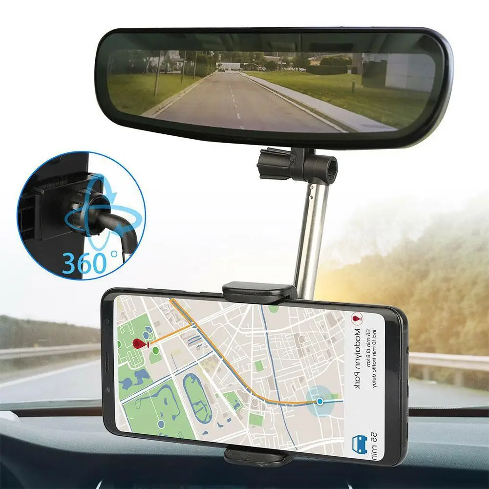 

360 Degrees Car Rearview Mirror Mount Phone Holder For IPhone 12 GPS Seat Smartphone Car Phone Holder Stand Adjustable Support