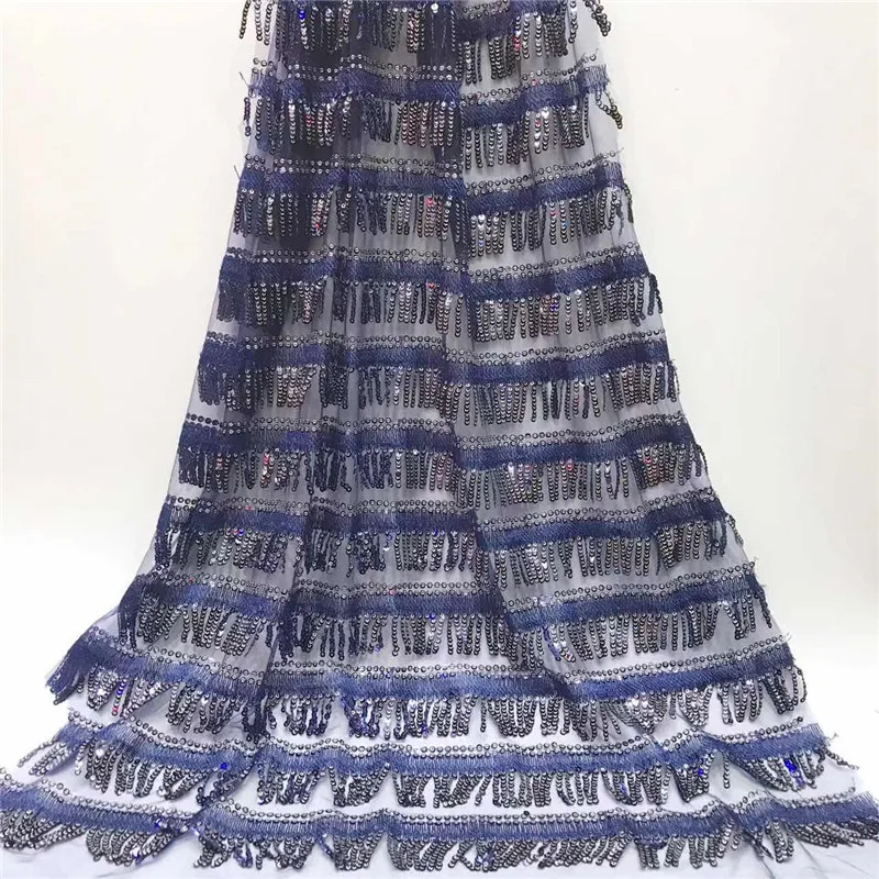 Темно синяя африканская кружевная ткань с 3d блестками сетчатая серебряные