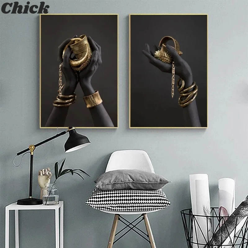 

Black Women'S Hand Print Canvas Painting Gold Jewelry Posters And Prints African Wall Art Pictures Modern Home Decoration Murals