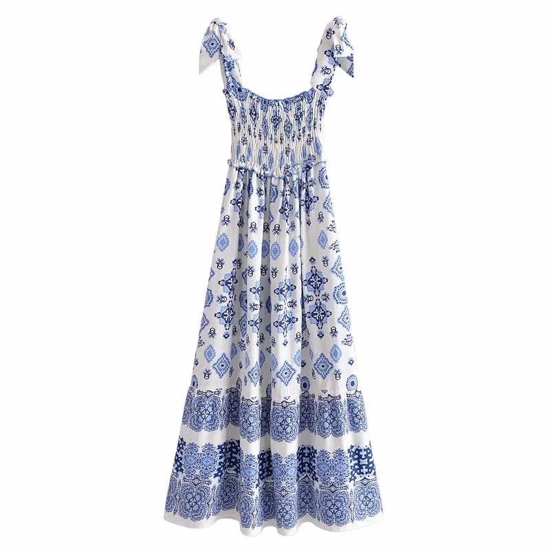 

Women 2021 Fashion linen blend printed dress Female straight neckline elastic smocked wide straps flared hem dresses Vestidos