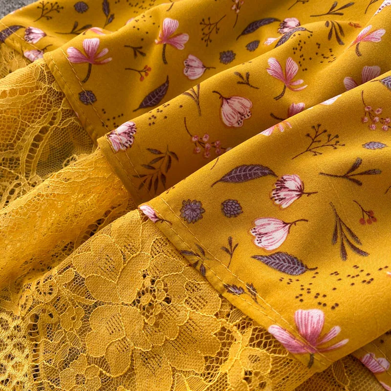 

Lace Patchwork Dress Women Summer V Neck Short Sleeve Sashes A Line Dresses Korean Casual Print Midi Dress