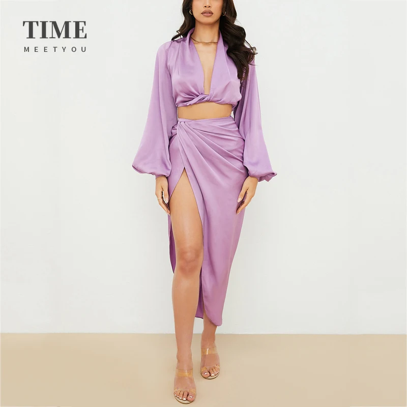 

Women Autumn Long Lantern Sleeve Crop Top High Split Long Skirts 2 Piece Set Green Party Clothes Street Wear Two Piece Set