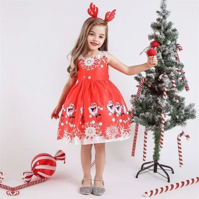 Christmas Dress for Girls Santa Claus Printed Costume Kids Dresses Vintage Princess Children Evening Party | Детская одежда и