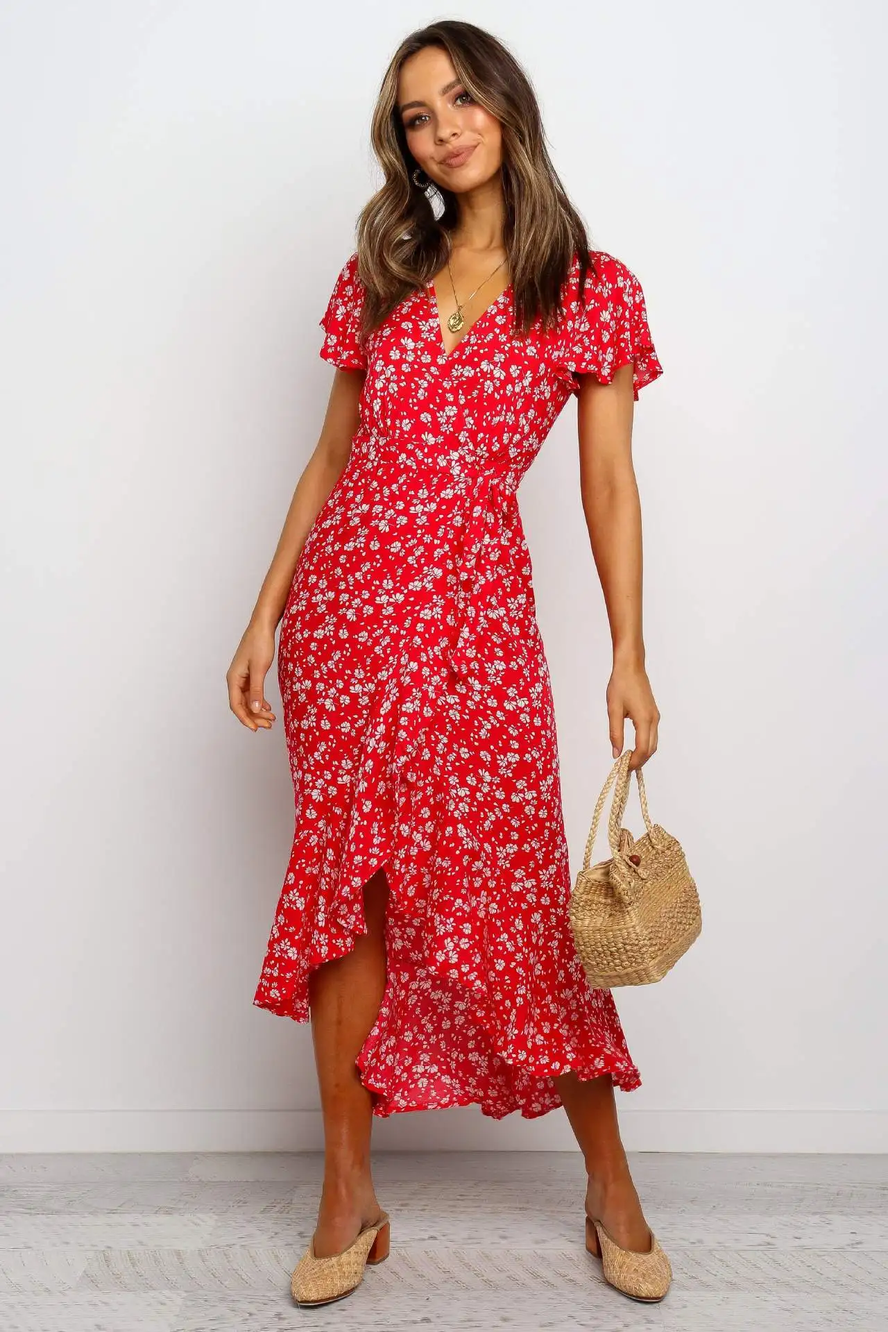 

Summer Dress Spring and Summer Floral dress Hot-Selling V-neck Short Sleeve Ruffled Dress Long Dress Women Clothing