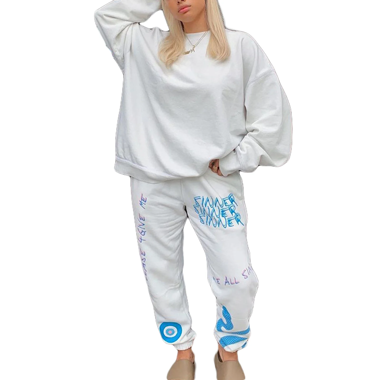 

Women Elastic Waist Sweatpants, White Letters Printed Pattern Loose Style Trousers, S/ M/ L