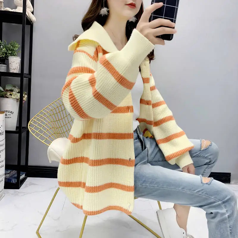 2019 autumn and winter wear loose striped sweater cardigan female ins very immortal foreign gas wild woolen coat jacket tide |