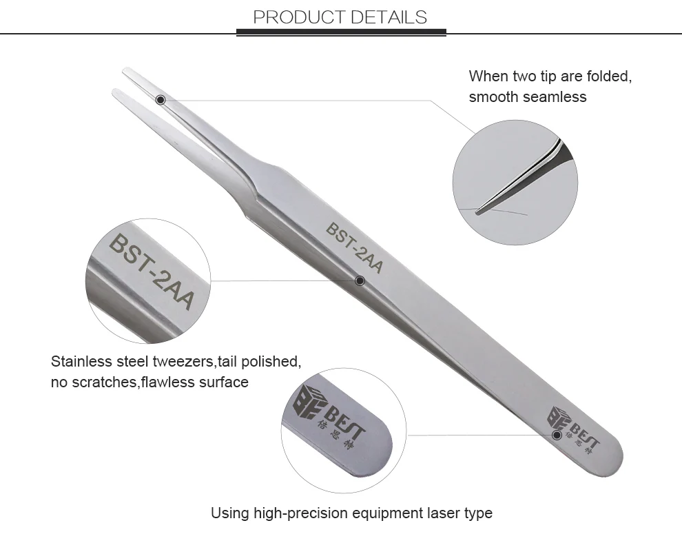 High-quality BEST-2AA portable precision flat mouth Anti-magnetic tweezers heat-resistant PCB repair tool | Инструменты