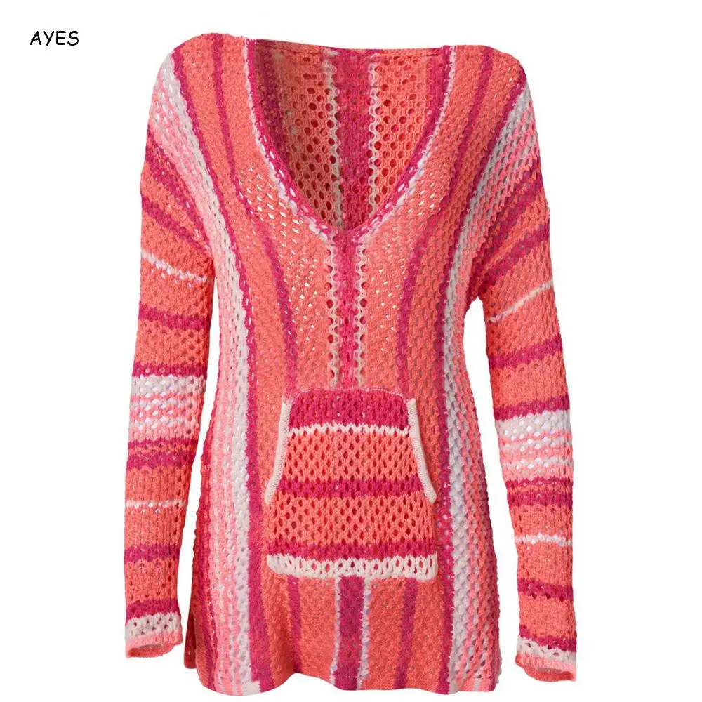 Бикини женское свободное в полоску накидка с V-образным вырезом и длинным рукавом