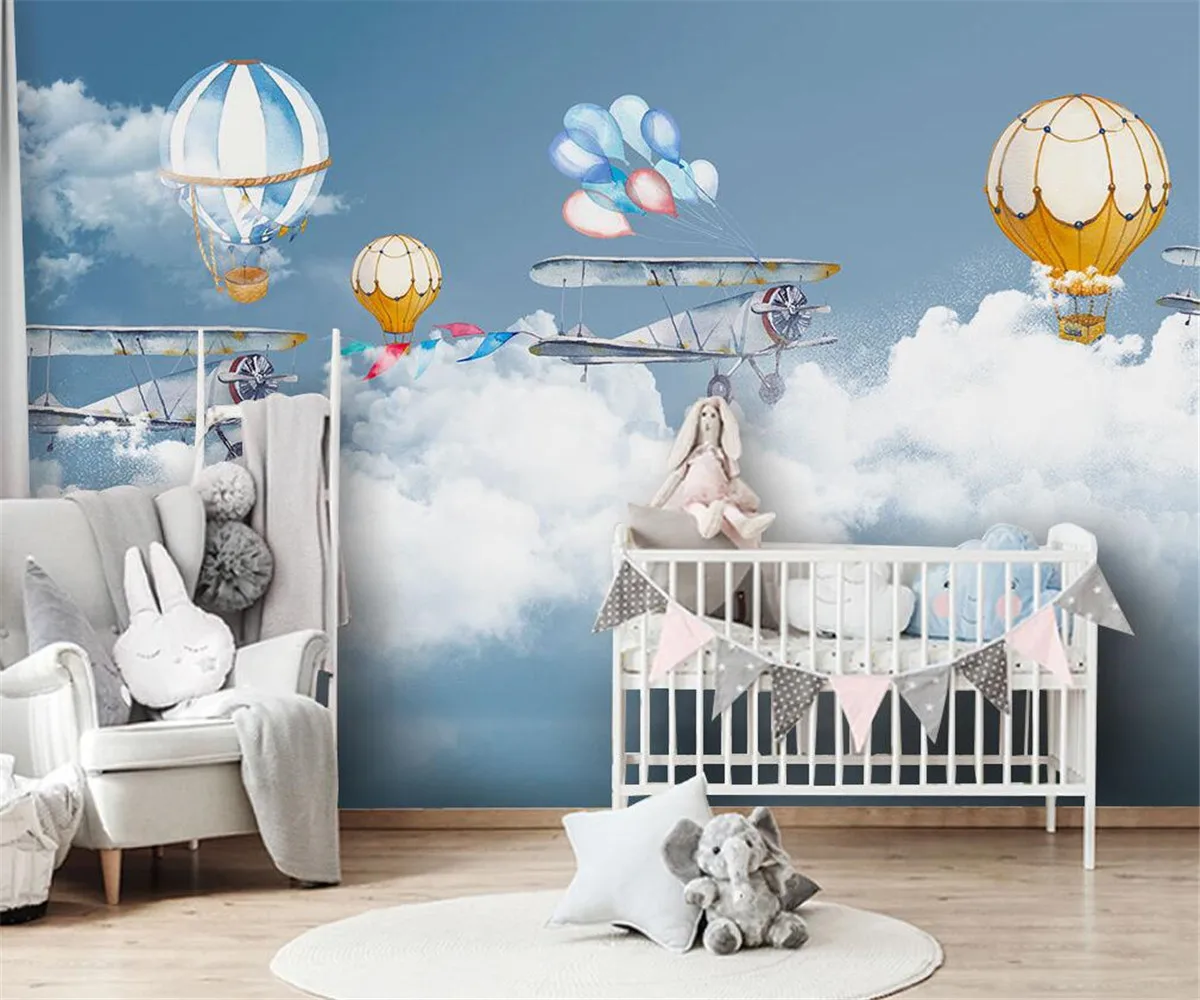 Custom wallpaper photo Nordic hand-painted cartoon hot air balloon starry sky children's room background wall mural 3d | Обустройство