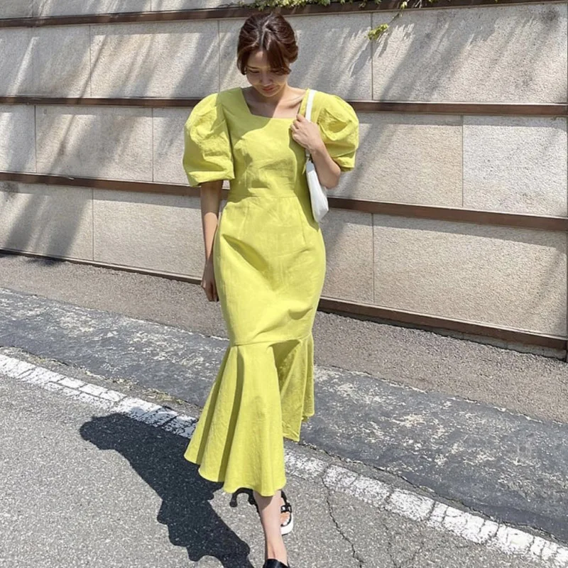 

Summer Women's Fishtail Dress Slim Backless Short Puff Sleeve Party Dresses Vintage Elegant Solid Color Short Sleeve Dress