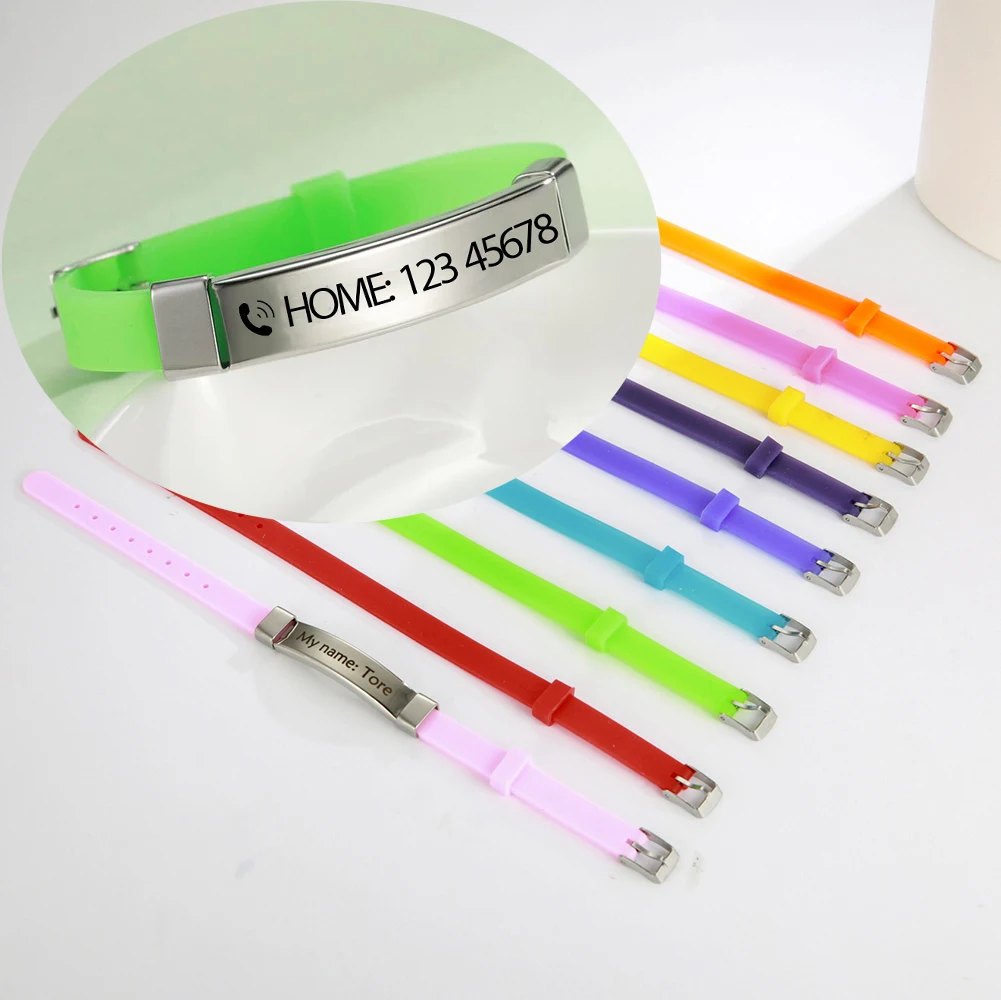 

Lucktune Personalize Name ID Bracelets on Hand Men' s Silicone Wristband Stainless Steel Women Kid Custom Bracelet Jewelry Gift