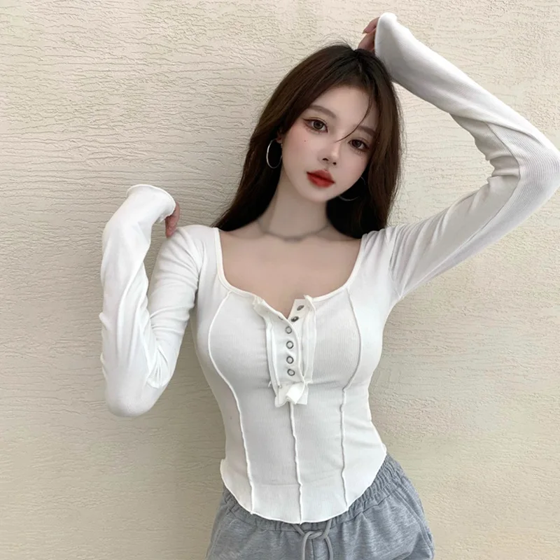 

Женские облегающие футболки с квадратным вырезом и длинным рукавом, Осенние однотонные топы на пуговицах, Повседневная футболка, футболки