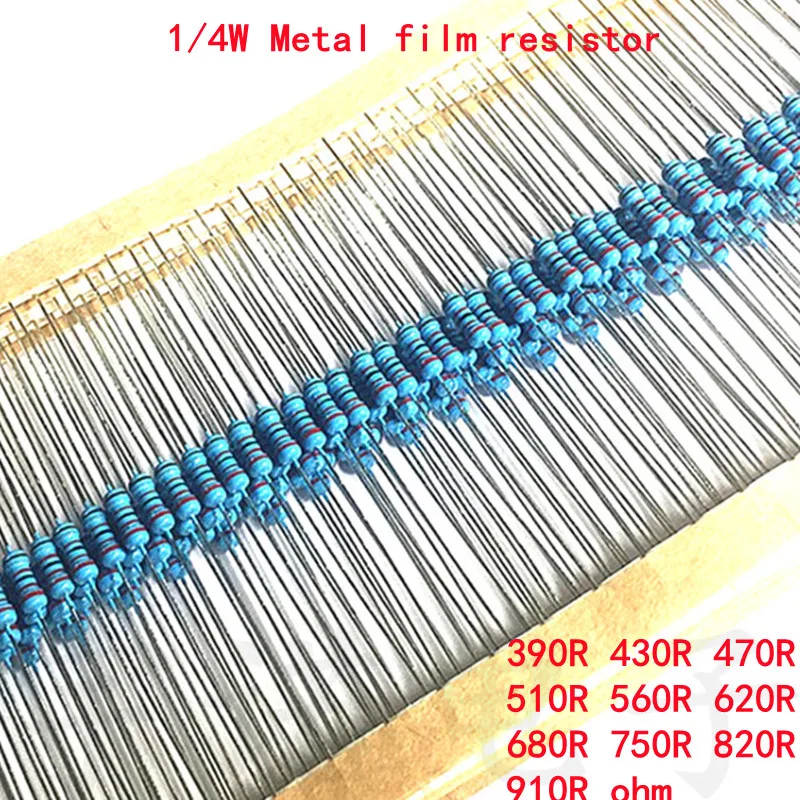 

100pcs 1/4W Metal Film Resistor 1% 390R 430R 470R 510R 560R 620R 680R 750R 820R 910R 390 430 470 510 560 620 680 750 820 910 Ohm