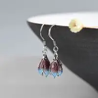 

Cloisonne Earrings Women's S925 Sterling Silver Retro Fashion Handmade Burnt Blue Bud Temperament Chinese Style for Cheongsam Ea