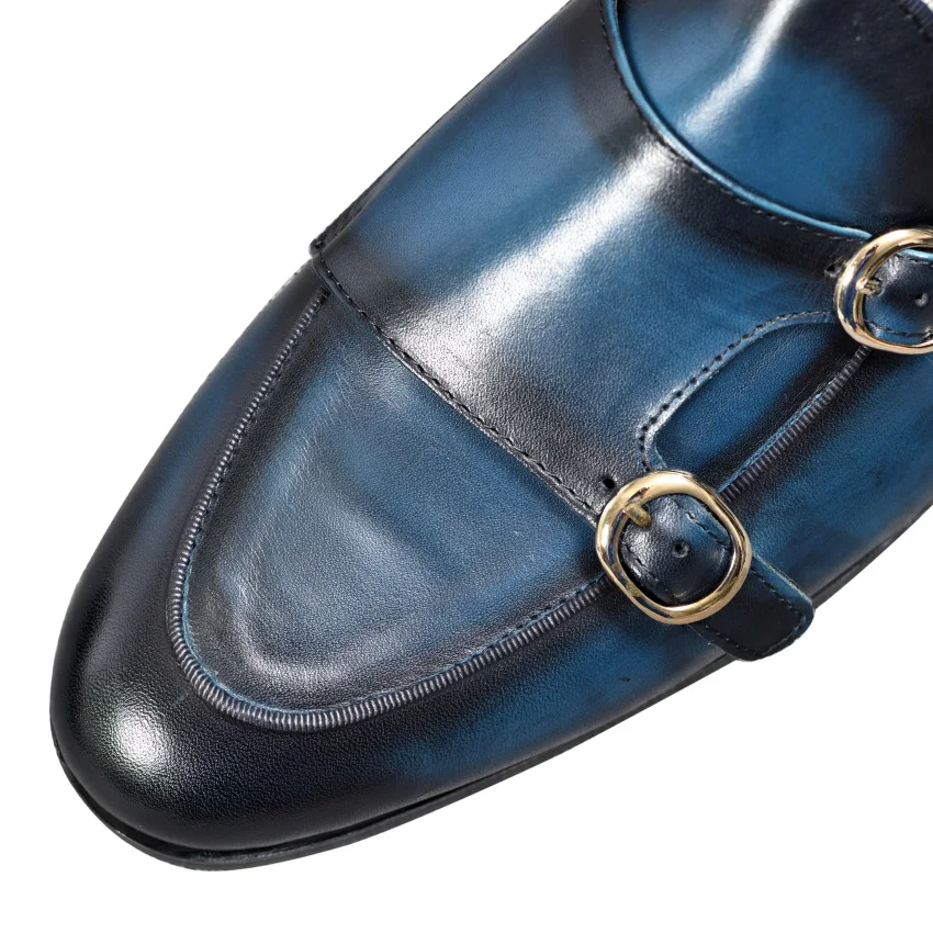 Genuine Leather Mens Casual Shoes Brown Blue Color Office Business Oxford Double Buckle Strap Italy Style Shoe | Обувь