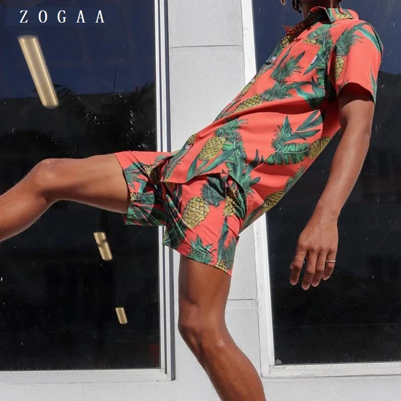 

ZOGAA Summer Men Printed Sets Short Sleeve Lapel Beach 2021 Vacation Shirt Casual Shorts Men Hawaiian Suit 2 Pieces Streetwear