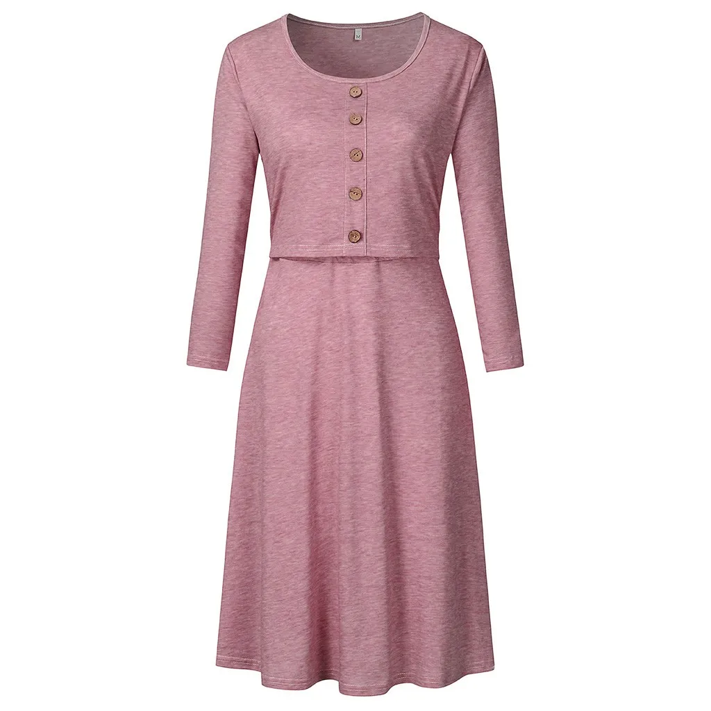 

Women Maternity Dresses Solid Casual For Pregnant Women Long Sleeve Button Nursing Dress Fashion For Breastfeeding Mother