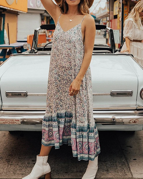 Everkaki/платье-комбинация с цветочным принтом для женщин; Boho; свободные; цыганские; с открытой спиной; женские богемные длинные платья; Vestidos; Новинка осени года