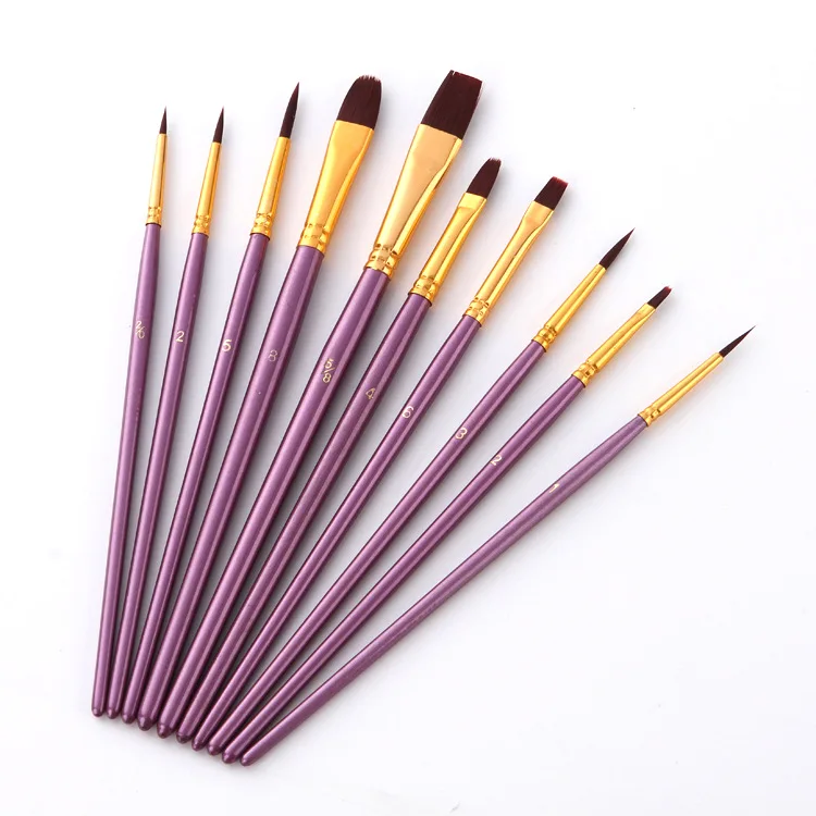 10pcs Purple 10 шт./компл. акварель гуашь Краски кисти разных Форма круглым заостренным кончиком набор нейлоновых волосяных Краски ing кисти комплект, принадлежности для живописи - Цвет: 10pcs Purple