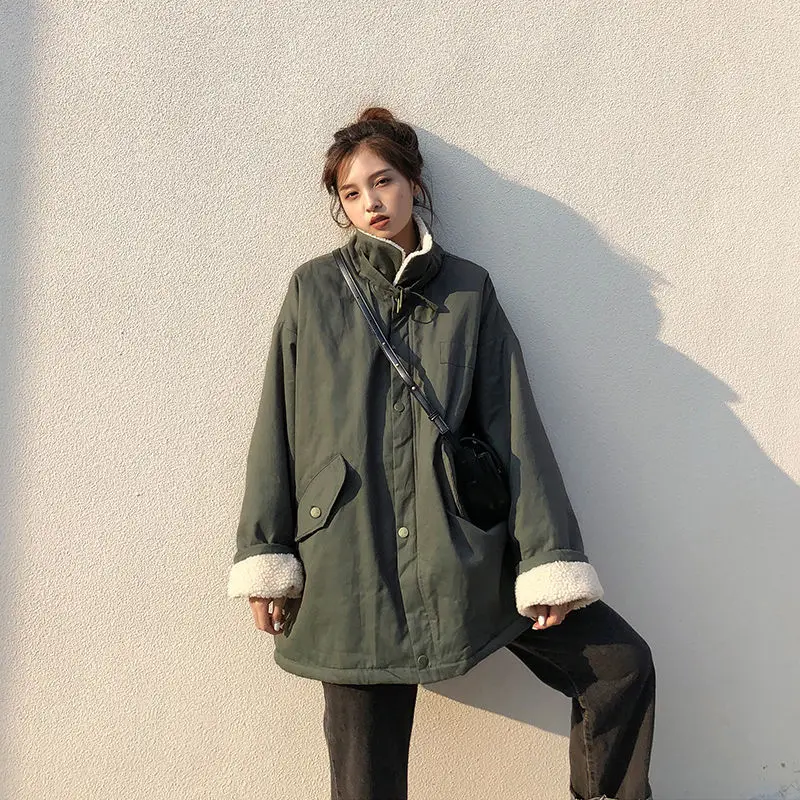 Cotton clothes women's winter 2021 new lamb wool thickened tooling coat women's Korean loose student cotton clothes
