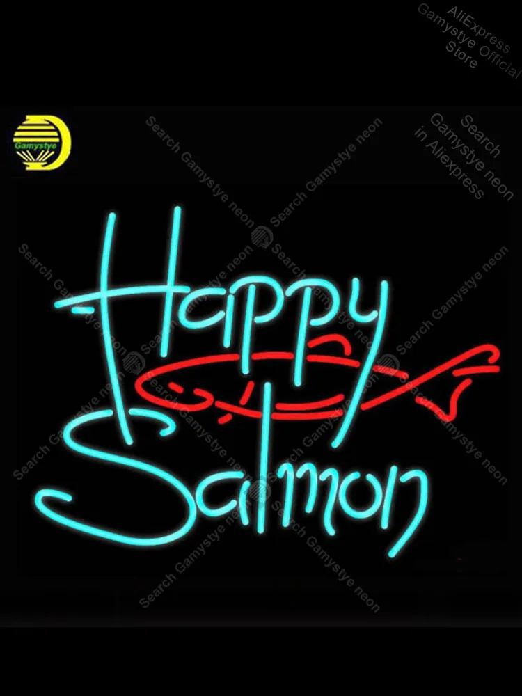 

Happy Salmon Neon Sign Real Glass Tube Neon Handmade neon light Sign Outdoor Wall Light Neon Signs For Home Cool Neon Signs cubs