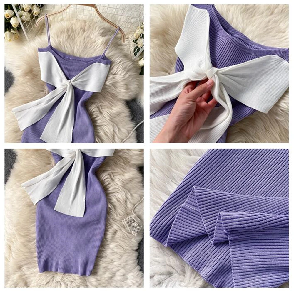 

Women Knitted Mini Dress Sweet Girl Bow Bandage Sexy Sling Bodycon Dresses Short Party Robe Fashion Vestidos Female Clothing