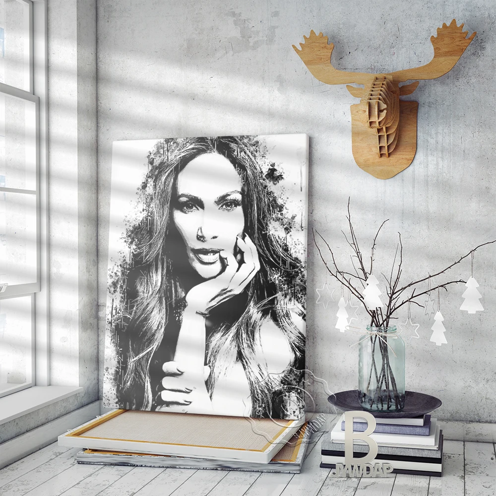 

Jennifer Lopez Poster, American Singer Woman Portrait Black White Watercolour Wall Art, Minimalism Nordic Style Home Decor Gift