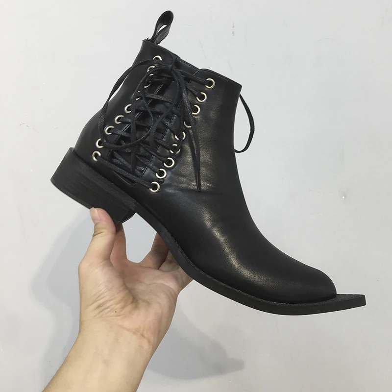 

Women's Chelsea Ankle Boots Motorcycle Black Straps Pointed Toe Low Heels Shoes B121