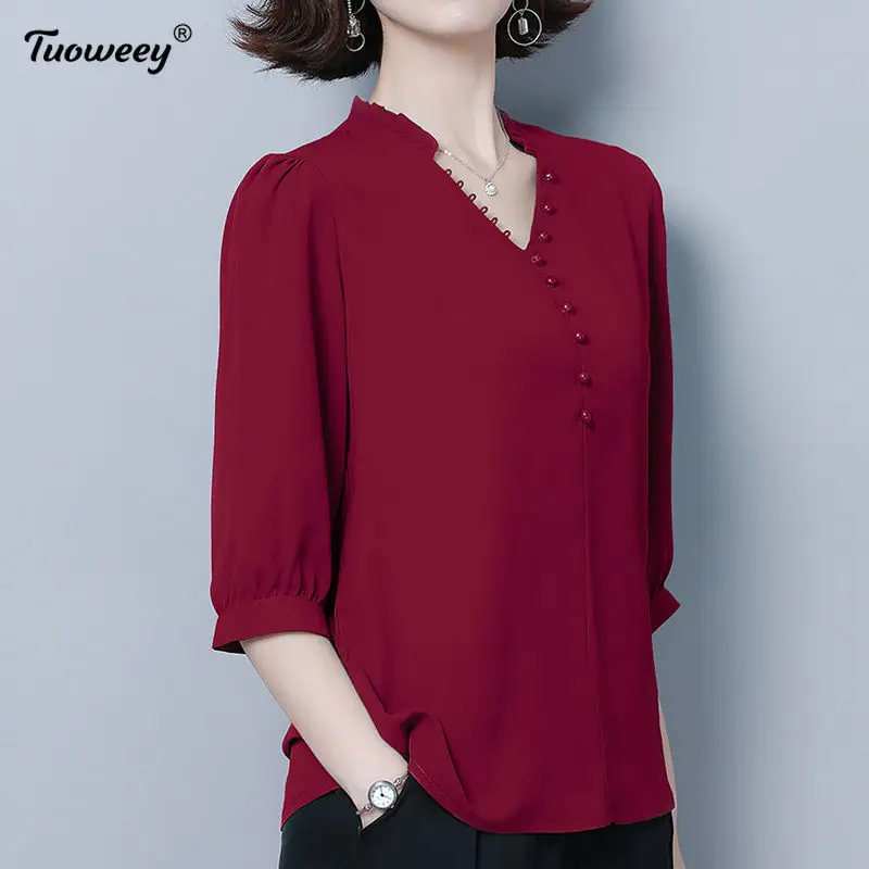 

2021 3/4 sleeve Blouses female spring summer Plus size solid color chiffon shirt women beaded simple style temperament V-neck