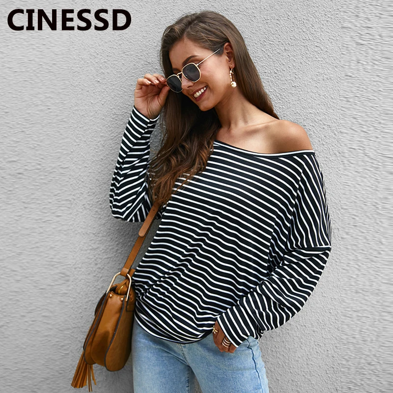 Женские полосатые футболки CINESSD повседневная черная блузка с квадратным