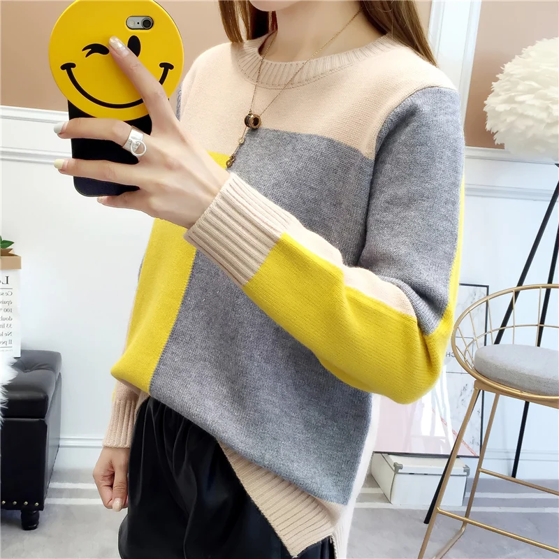 Thick Loose Outerwear Sweater Women's Color Block Basic Shirt Autumn and Winter round Neck Knitted Long-Sleeved Straight